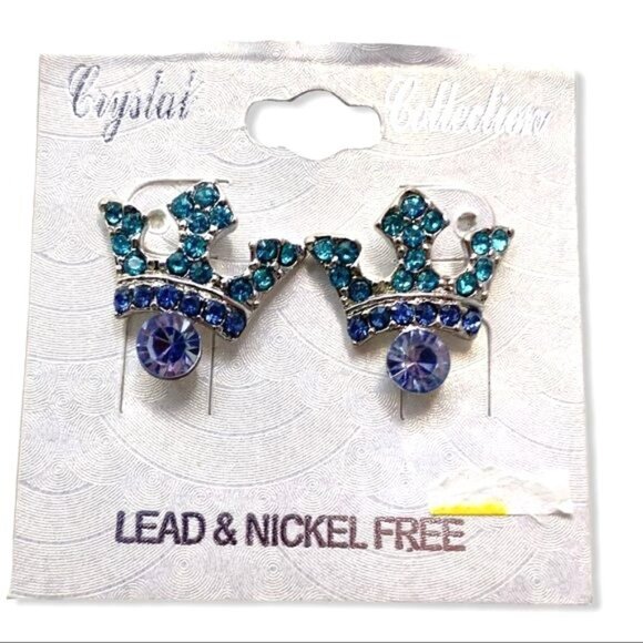 Crystal Collection Crown Princess Blue Turquoise Rhinestone Post Earrings New - Picture 5 of 6